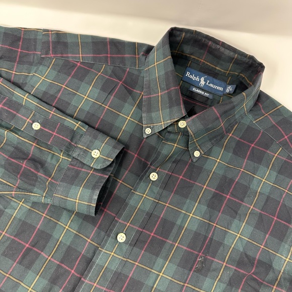 Ralph Lauren Sz L Long Sleeve Shirt Green Blue Plaid Classic Fit Button Down S4 - Picture 2 of 5